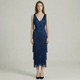 Vestido Midi Viscoso com Franjas e Beads