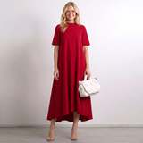 Vestido Midi de Manga Curta com Barra Assimétrica