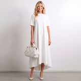 Vestido Midi de Manga Curta com Abertura Assimétrica
