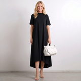 Vestido Midi de Manga Curta com Barra Assimétrica